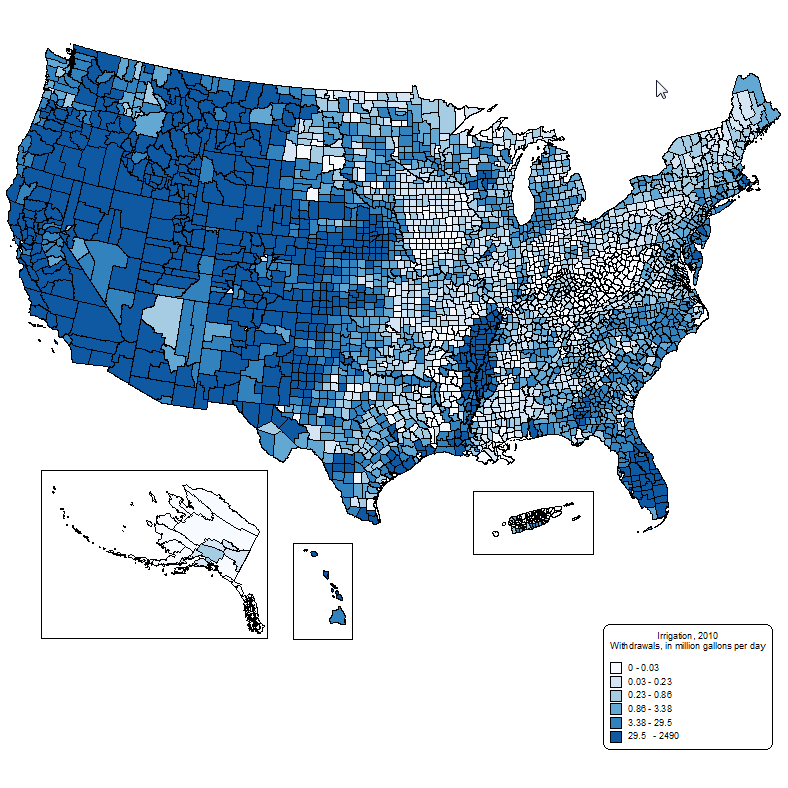 Map of irrigation water use by county for 2010
