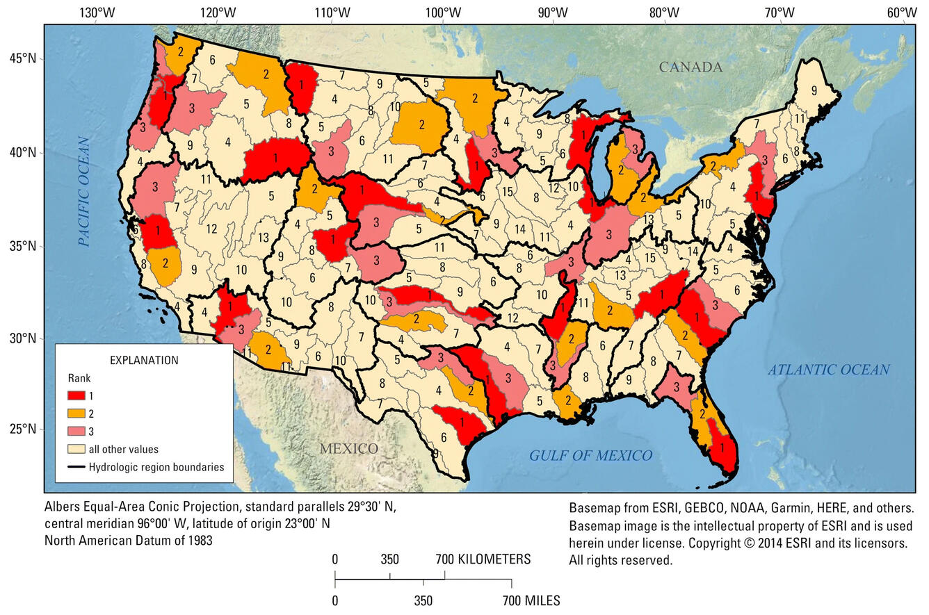 U.S. map with major river basins (MRB) and 18 hydrologic regions identified. MRBs are also ranked.