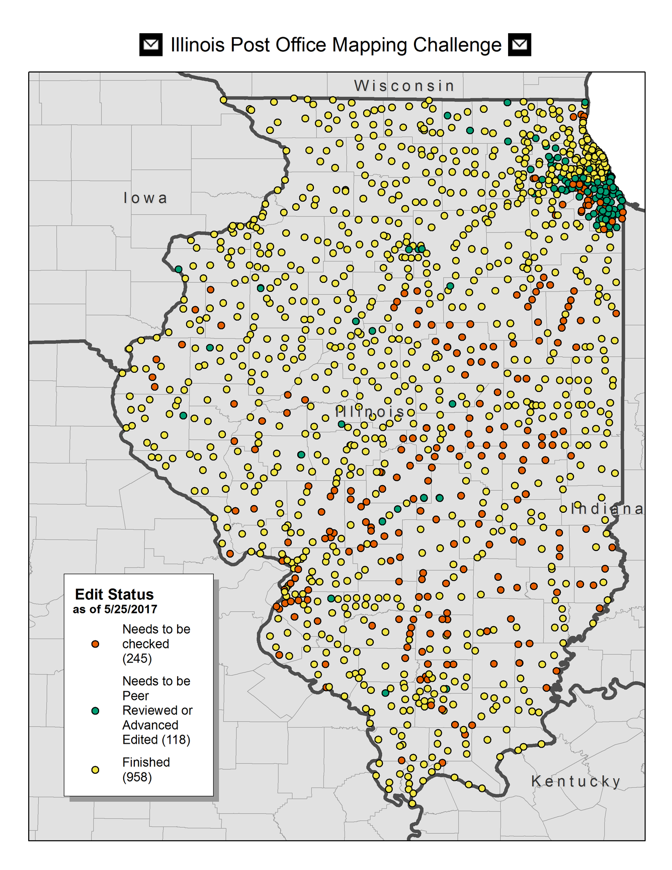 Status graphic of Post Offices in Illinois showing structures that have been checked, reviewed, and finished