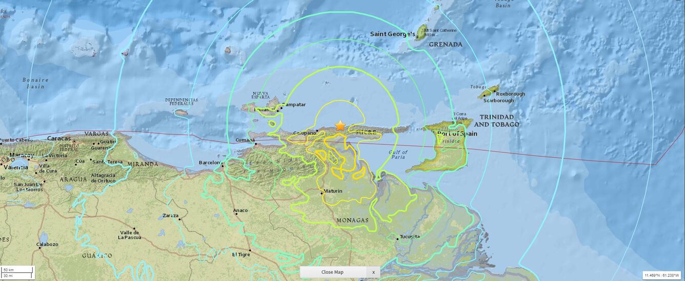 Map showing the epicenter of the August 21, 2018 earthquake near the Venezuelan coast.