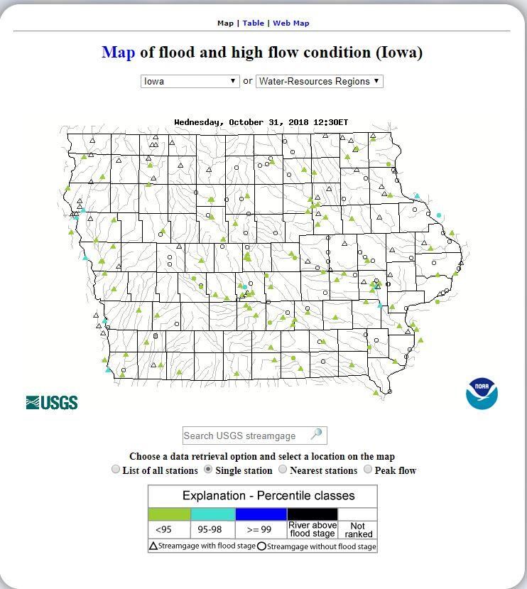 WaterWatch Map of flood and high flow conditions in Iowa