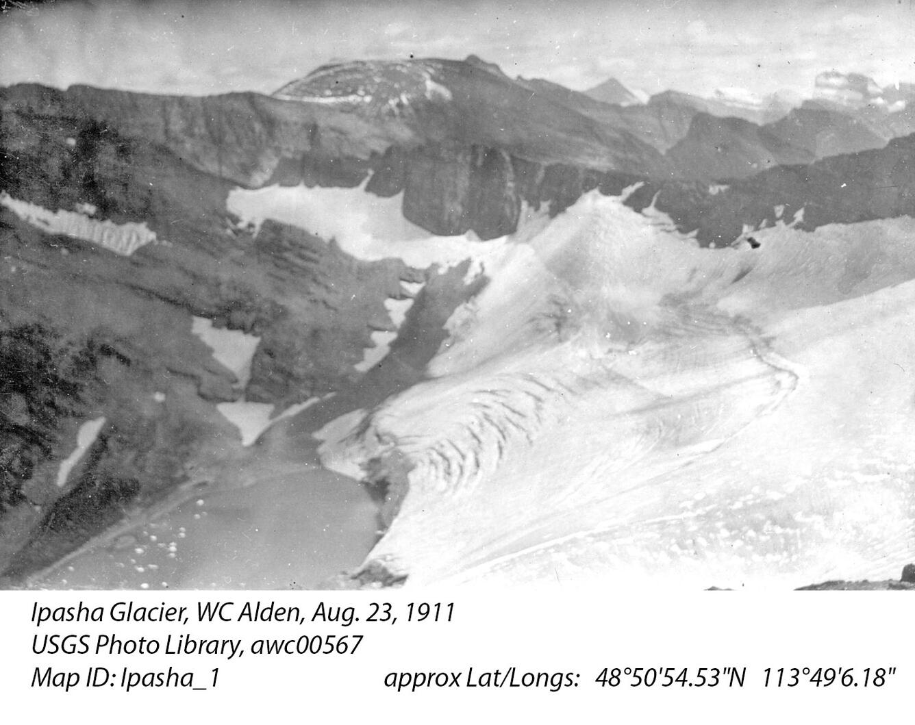 Ipasha Glacier in Glacier National Park, circa 1911.  Image 1 of 2.