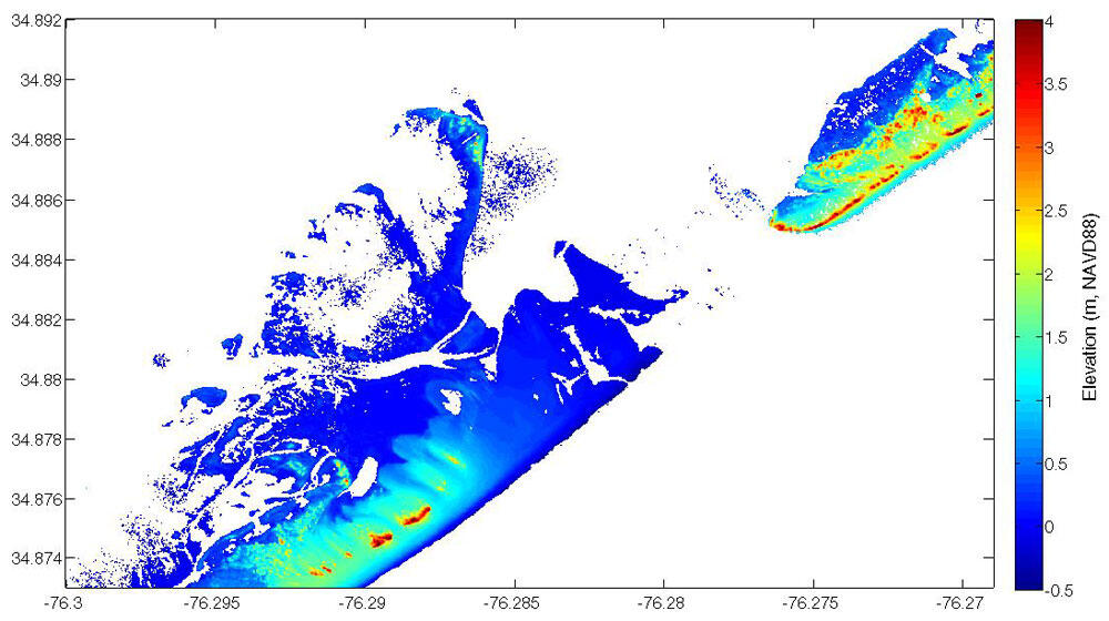 In this elevation image, red colors indicate topographic highs, while blues indicate topographic lows. 