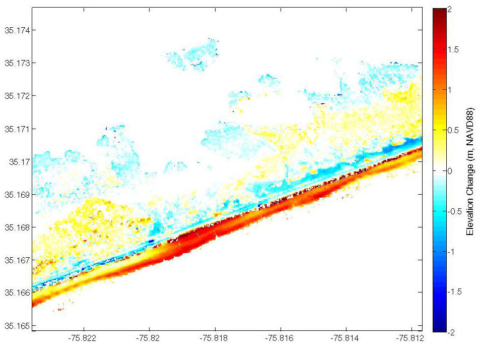 This difference image between the pre- and post-storm elevation data sets shows where significant changes have occurred.