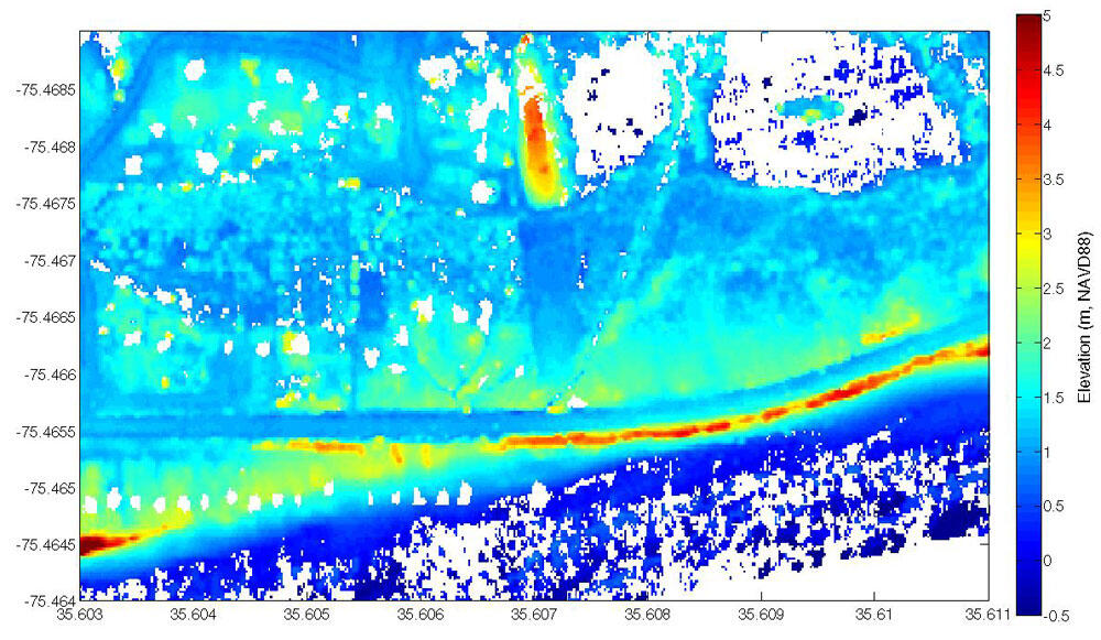 In this elevation image, red colors indicate topographic highs, while blues indicate topographic lows. 