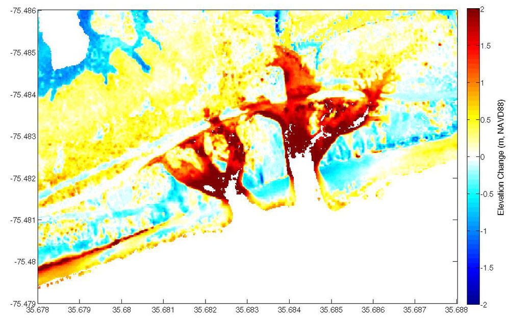 This difference image between the pre- and post-storm elevation data sets shows where significant changes have occurred. 