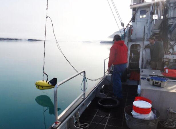 The crew of the R/V Alaskan Gyre lowering a hydroacoustics instrument in to the water