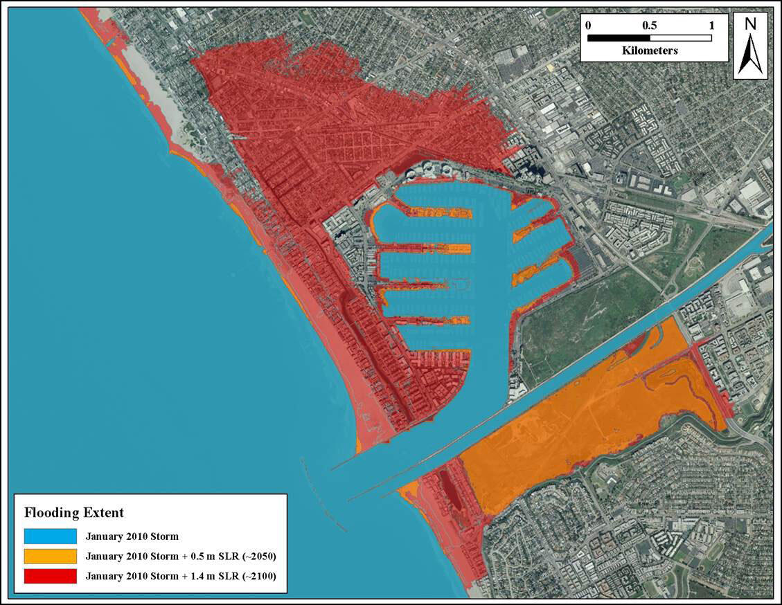 Map of a coastal city with a harbor with colored areas drawn on top to show potential flooding extent under different scenarios.