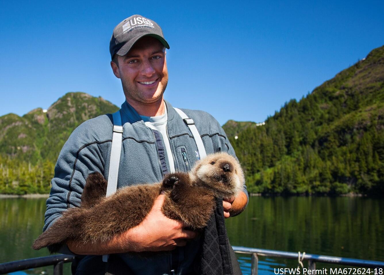 WERC wildlife biologist holding sea otter pup