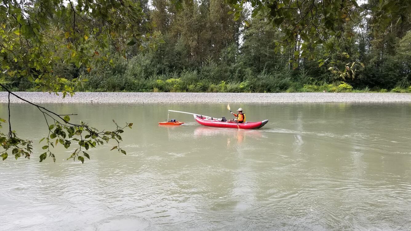 Chris Bird is making an ADCP measurement with an inflatable kayak