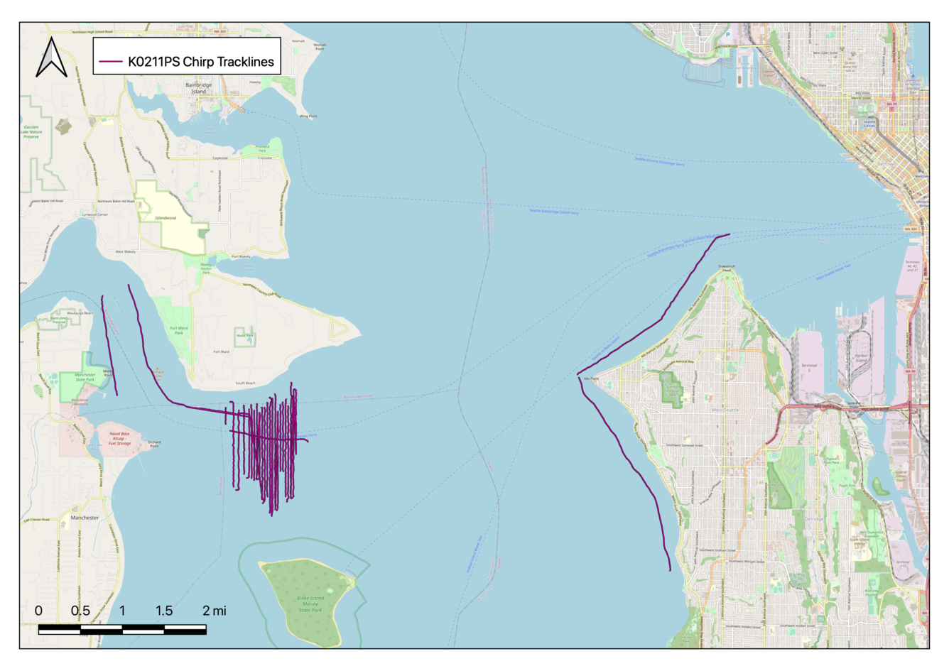Map of a ocean bay area with lines drawn in the water to show the tracklines of a ship along which data was collected.