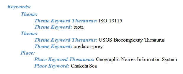 Screencapture of the keyword section of a FGDC CSDGM metadata file.