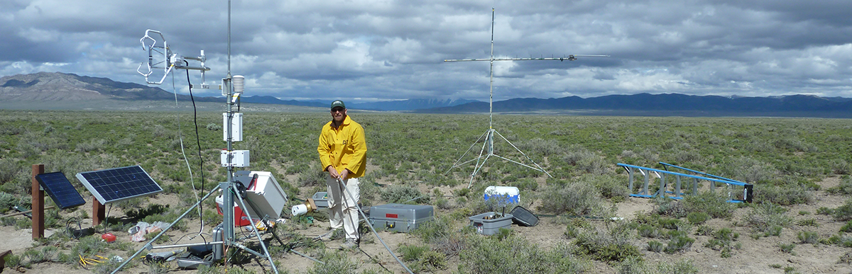 USGS scientist performing maintenance at an evapotranspiration site in Kobeh Valley, Nev.