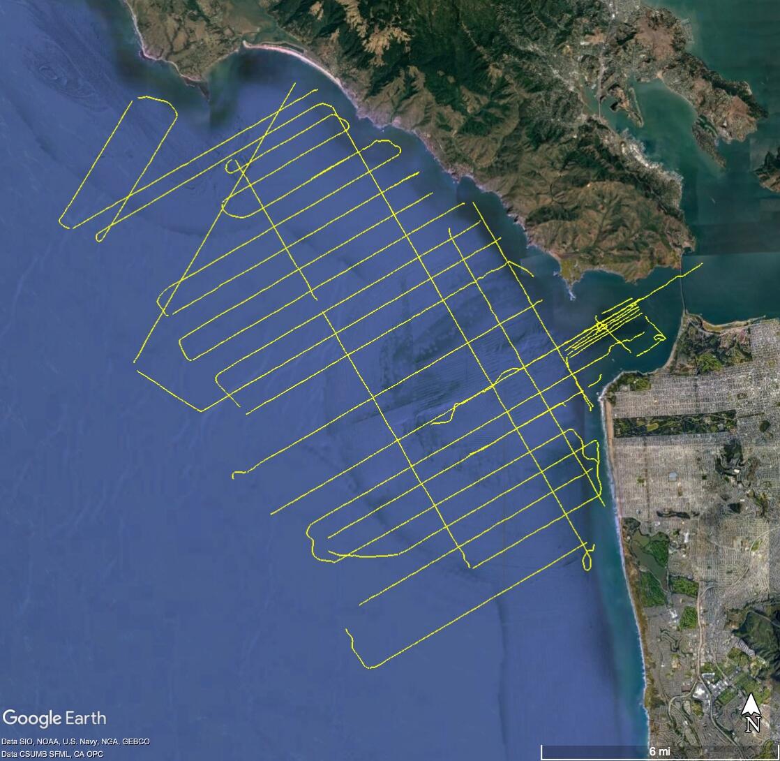 Map showing an off-the-coast location of a ship's tracklines along which data were collected.