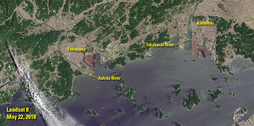Color satellite image of Kurashiki and Fukuyama Japan from May 22, 2018