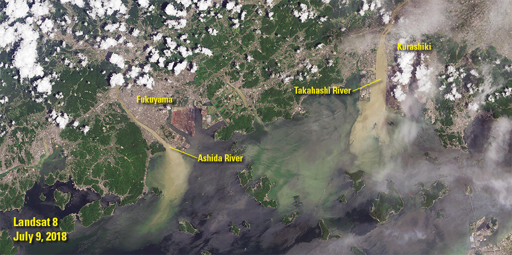 Color satellite image of Kurashiki and Fukuyama Japan from July 9, 2018
