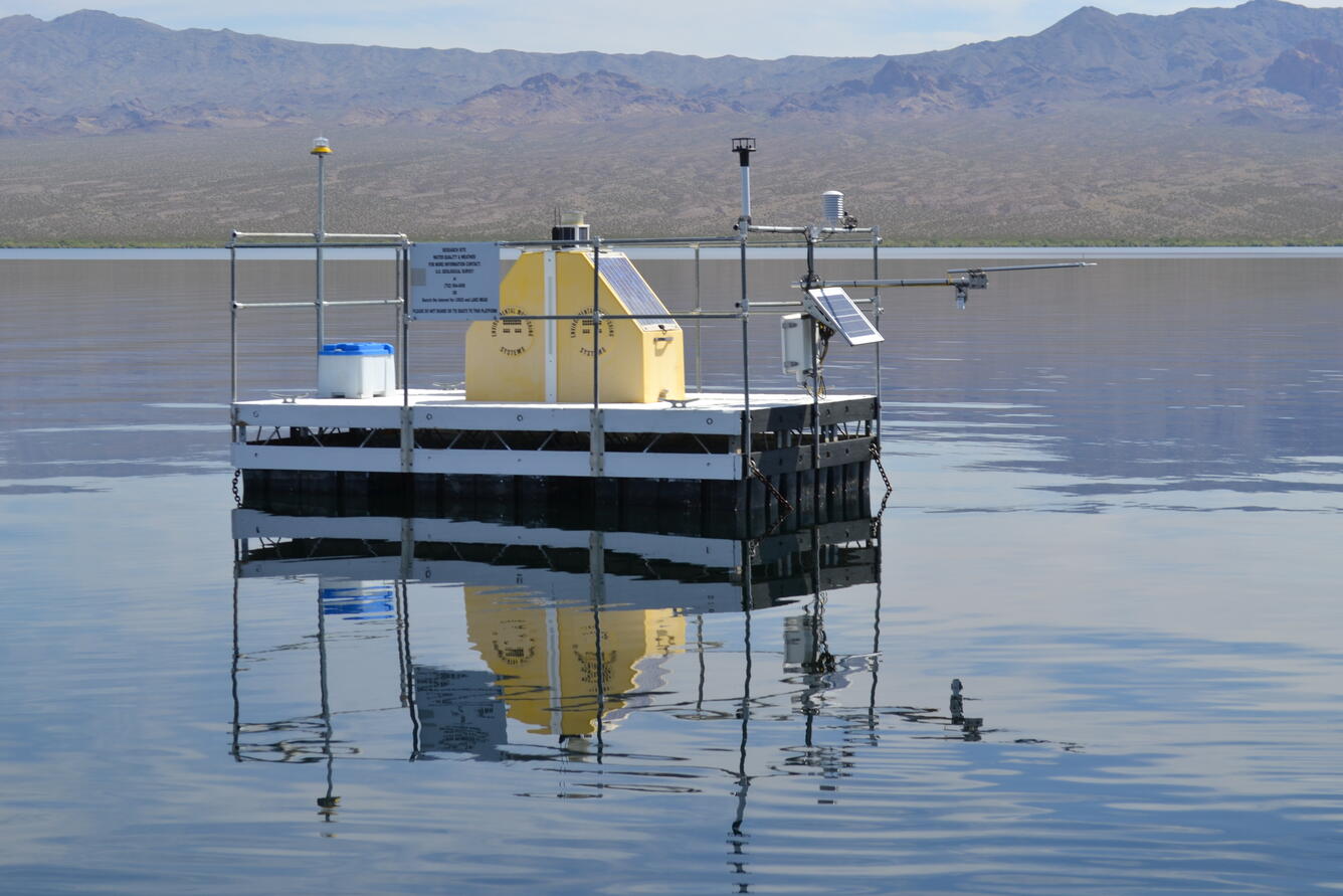 Floating platform with sensors for measuring energy-budget components on Lake Mohave, Nev.