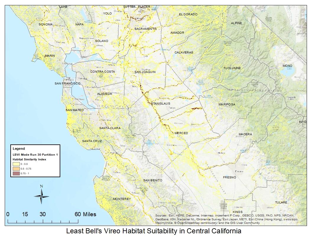 Map of central California showing riparian areas in different colors based on how suitable the habitat is for vireos