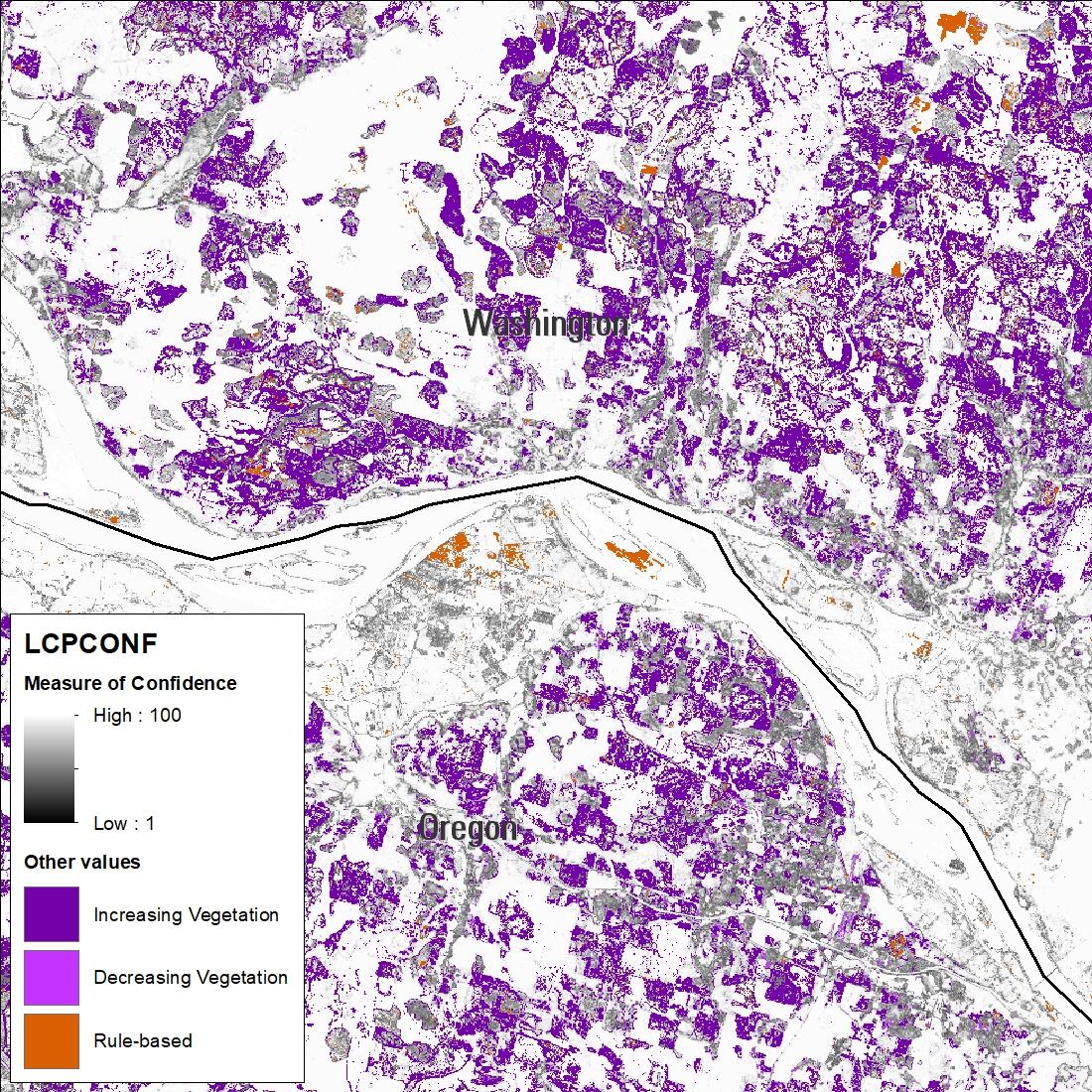 LCMAP Primary Land Cover Confidence (LCPCONF) product for an area over Portland, Oregon for product year 2005.