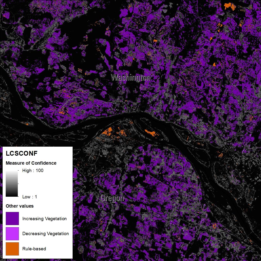 LCMAP Secondary Land Cover Confidence (LCSCONF) product for an area over Portland, Oregon for product year 2005.