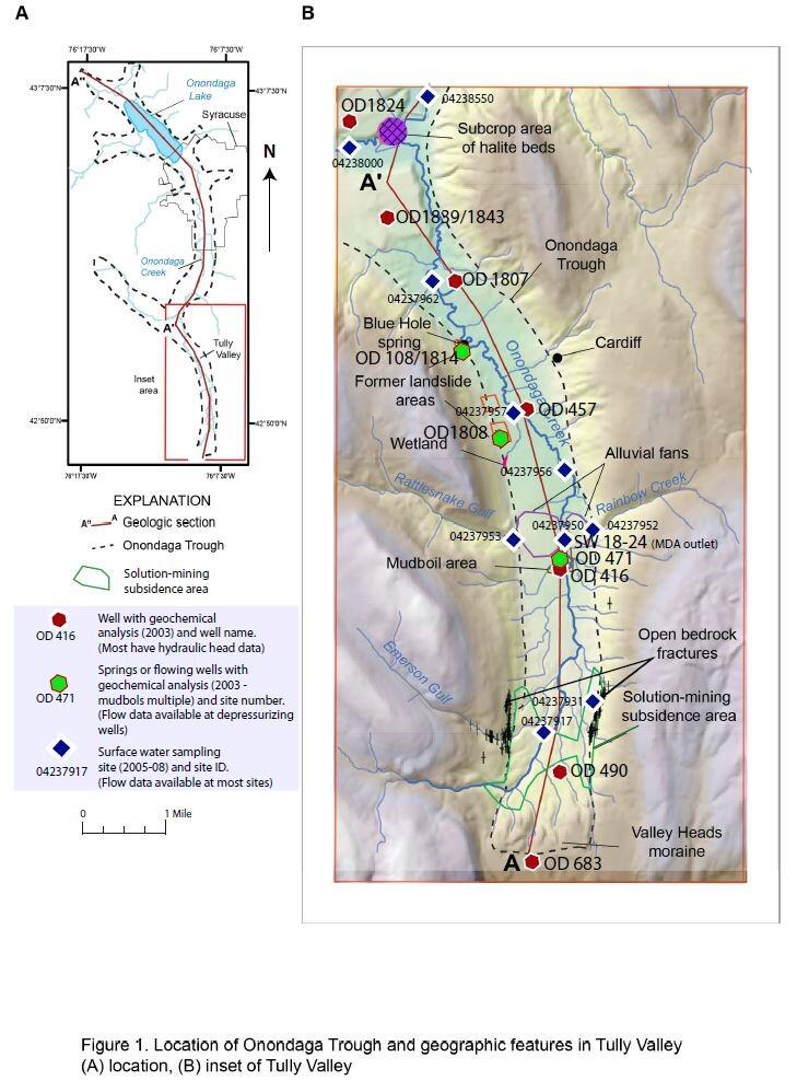 map of Onondaga Trough with red, blue, green markers for geographic features