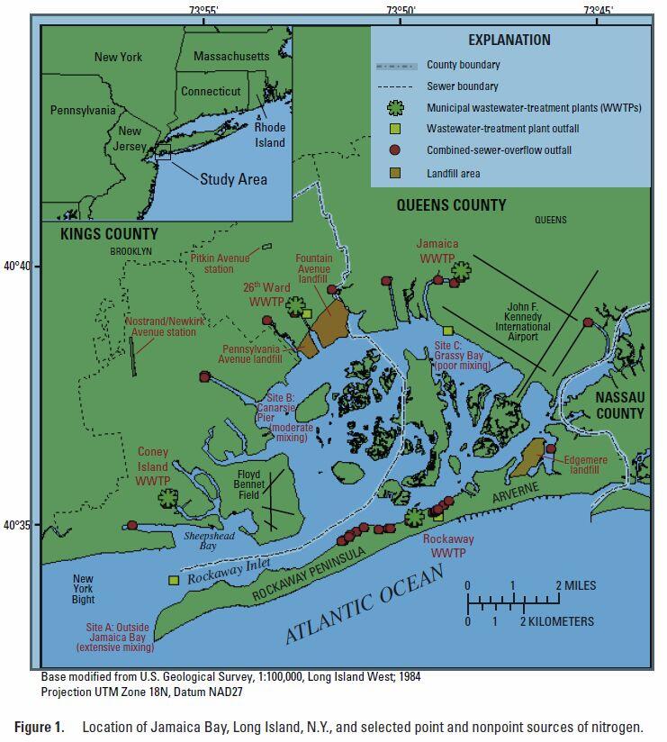 multicolored map of Jamaica Bay, NY with points for sources of nitrogen