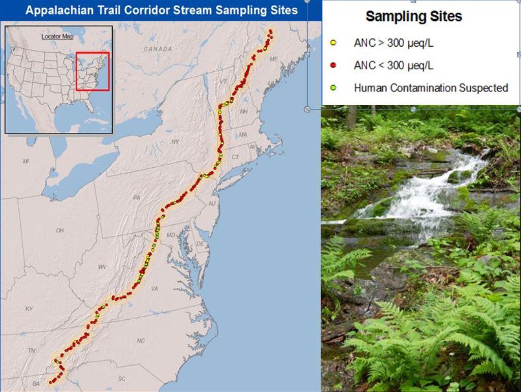 Appalachian Trail sampling sites on map and photo of a stream on the trail