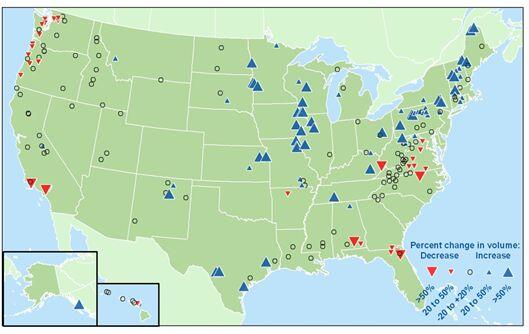 map of the United States with blue and red triangle markers
