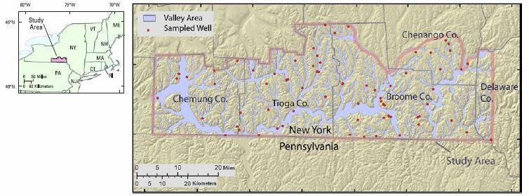 outlined area of study and points for wells on an south central NY area map