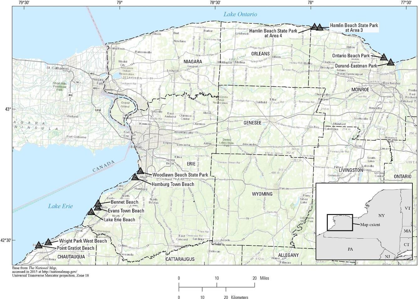 map of western New York with triangle where 11 recreational beaches used by Nowcast are located