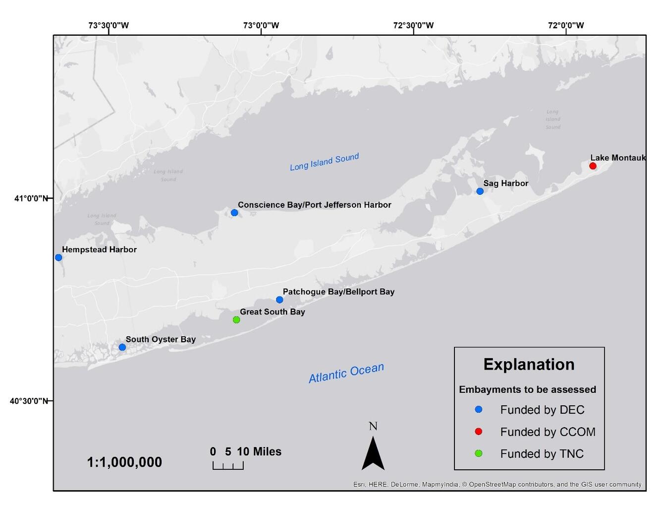 map of Long Island with multicolored dots showing who was funding and where