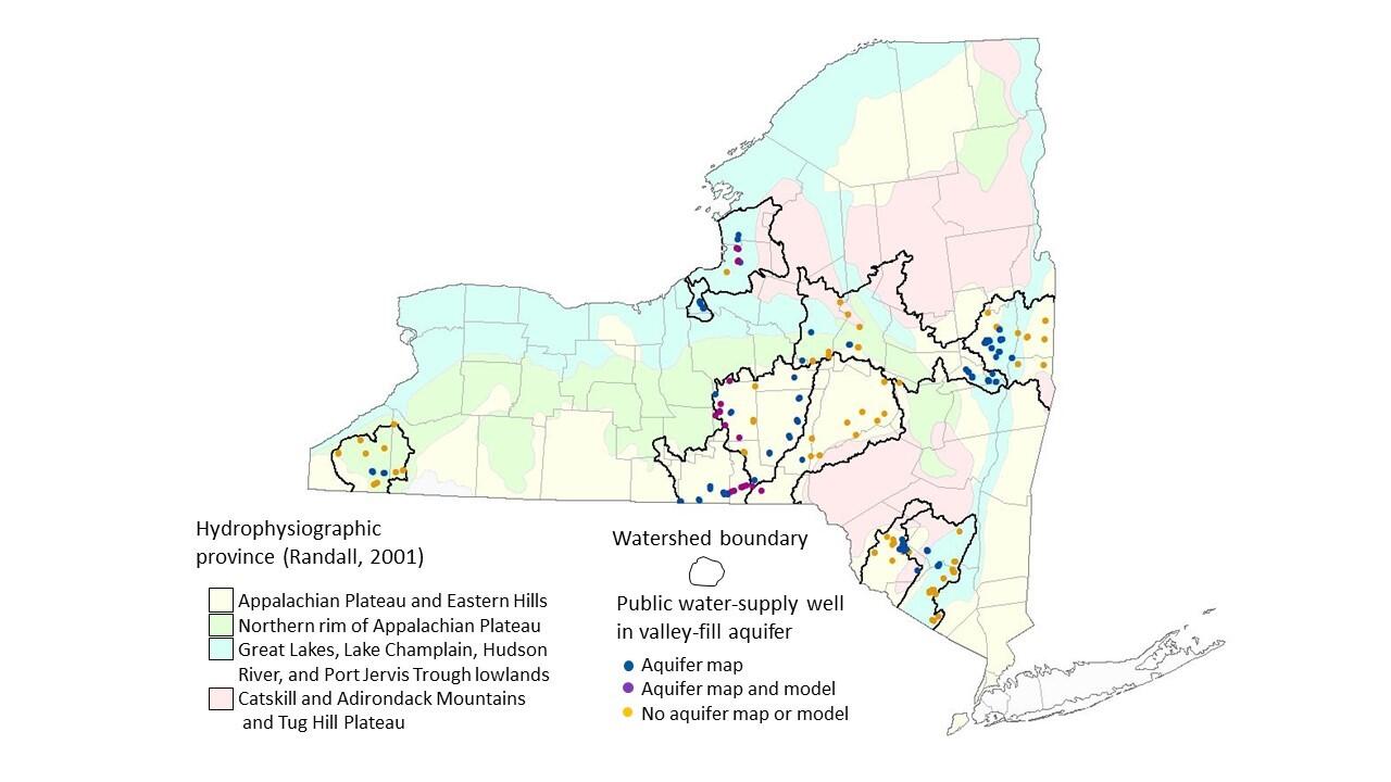 colored map of NY state with outlnes and colored dots