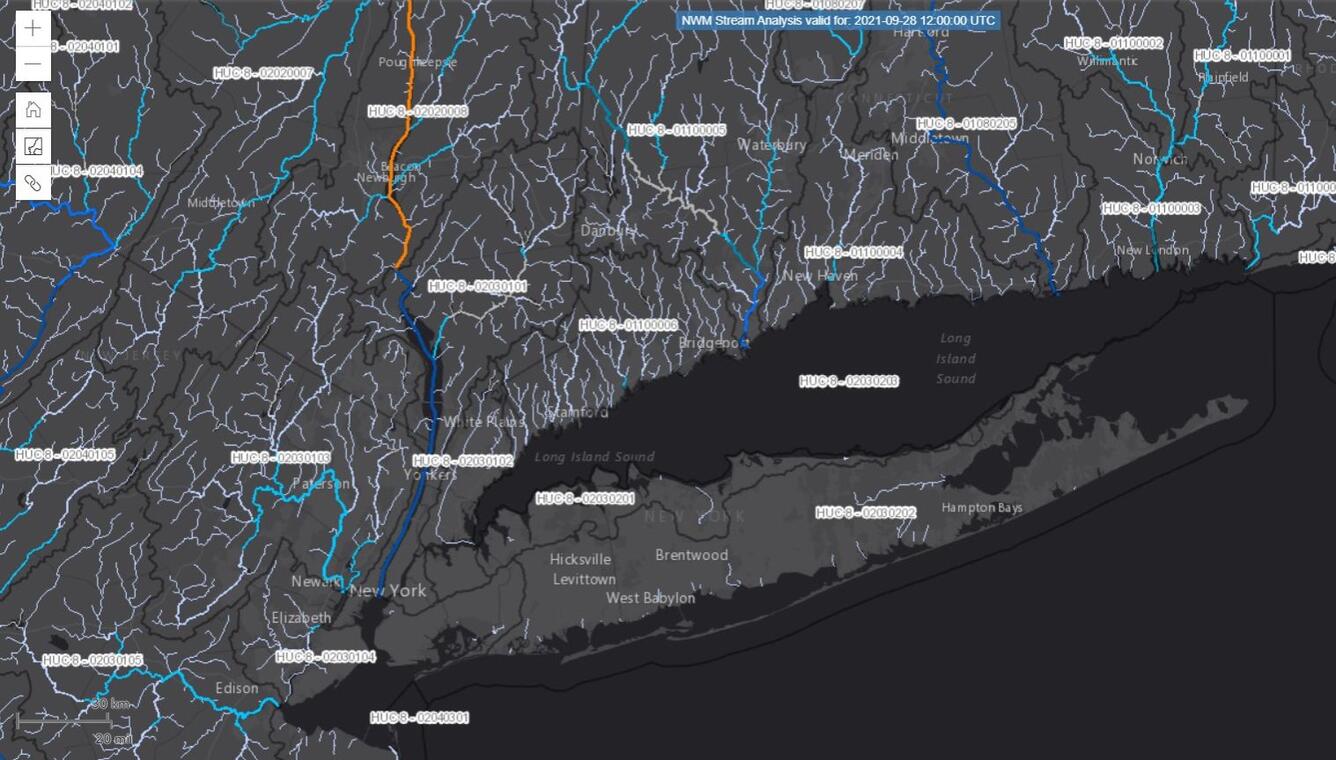 HUC8 labels and streams on map of Long Island and lower NY state
