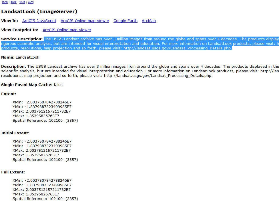 LandsatLook Map Service API Interface
