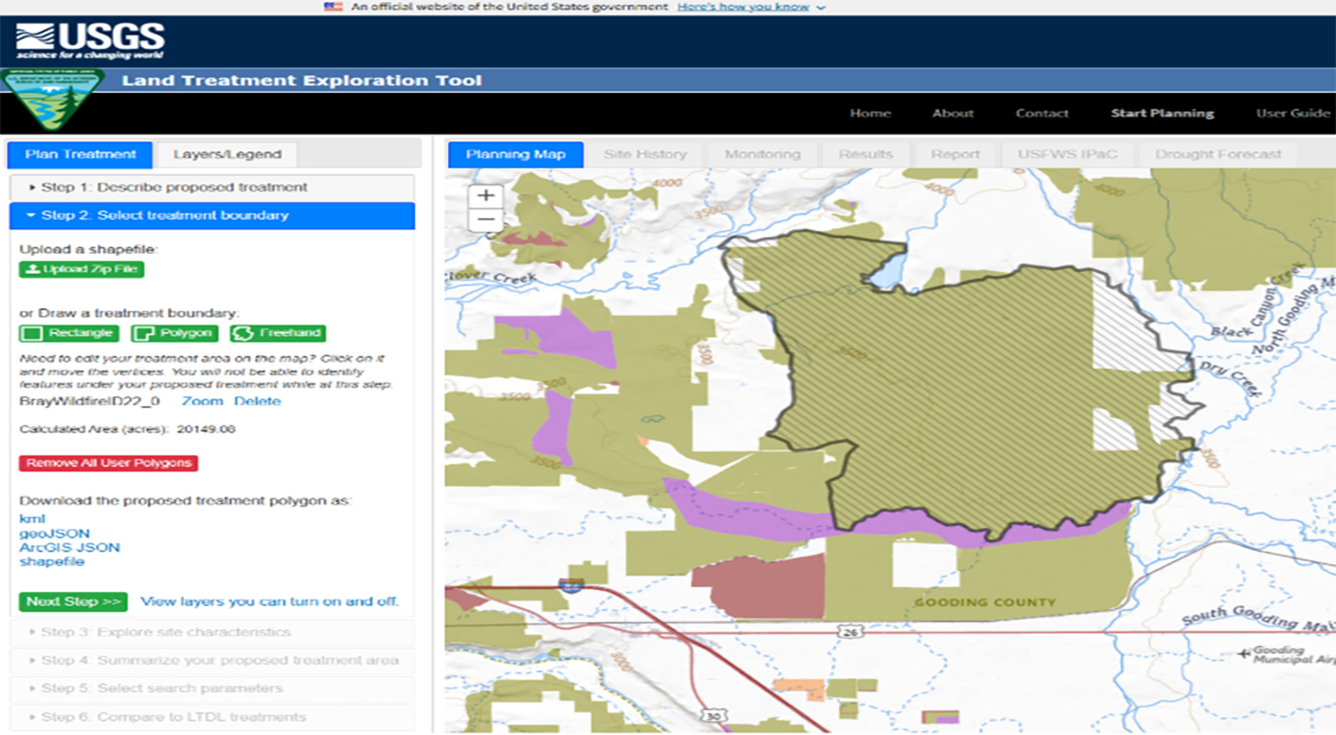 Screenshot of the Land Treatment Exploration Tool with proposed treatment drawn on screen.