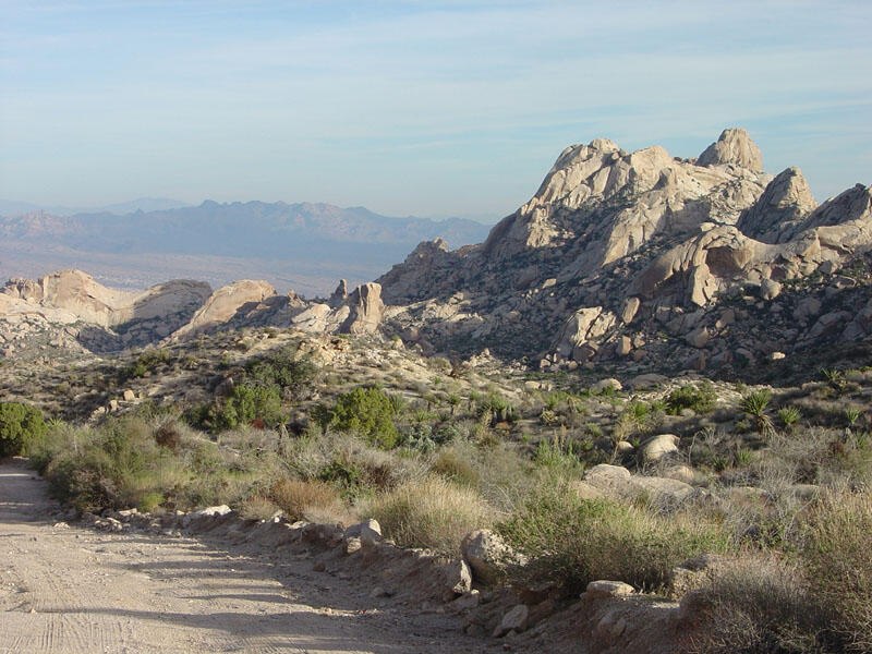 This is a photo of massive dome-shaped pinnacles of granite in the Newberry Mountains.