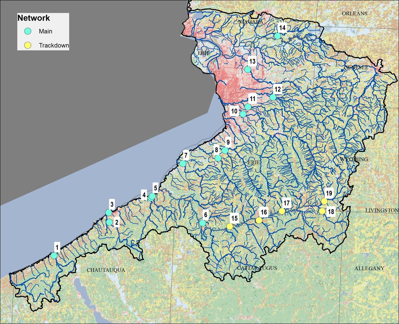 multicolored map of Lake Erie tributaries with blue dots for sampling locations