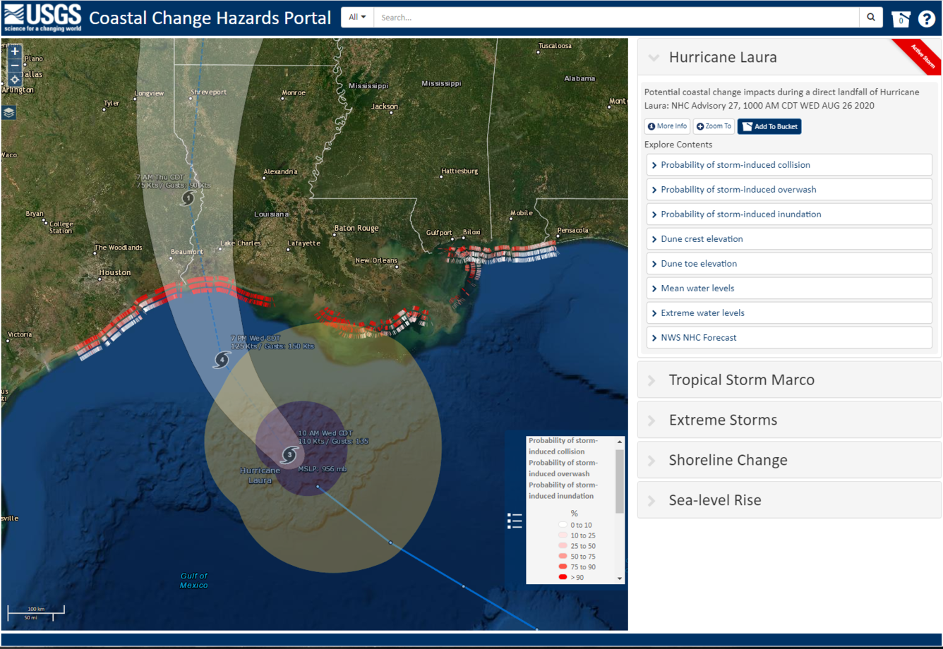 A graphic map of the Gulf Coast with red and white strips along it, showing likelihood of effects of Hurricane Laura