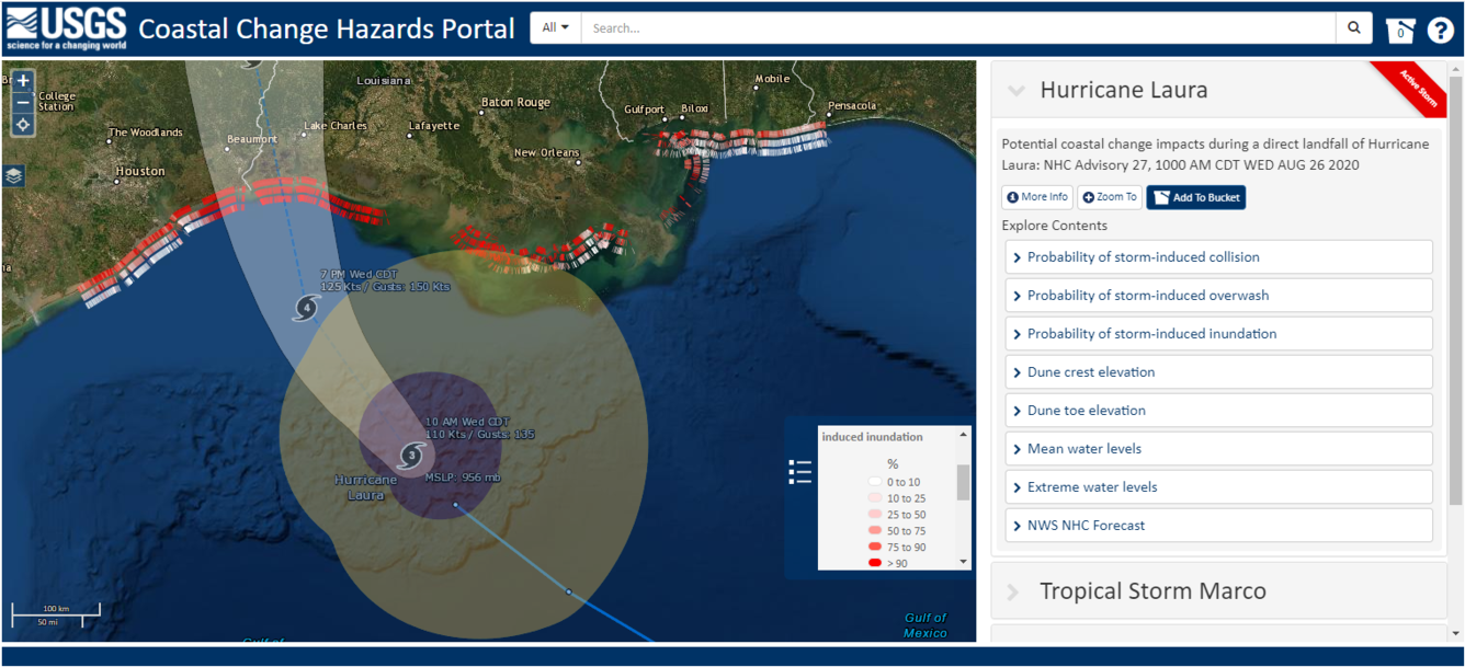 A graphic map of the Gulf Coast with red and white strips along it, showing likelihood of effects of Hurricane Laura