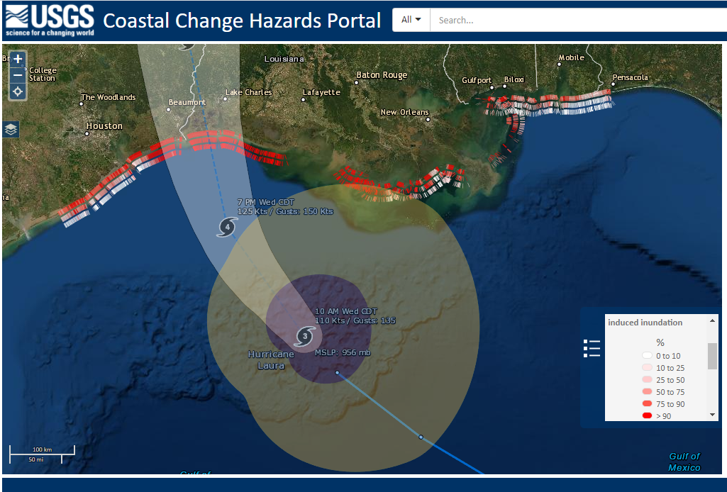 A graphic map of the Gulf Coast with red and white strips along it, showing likelihood of effects of Hurricane