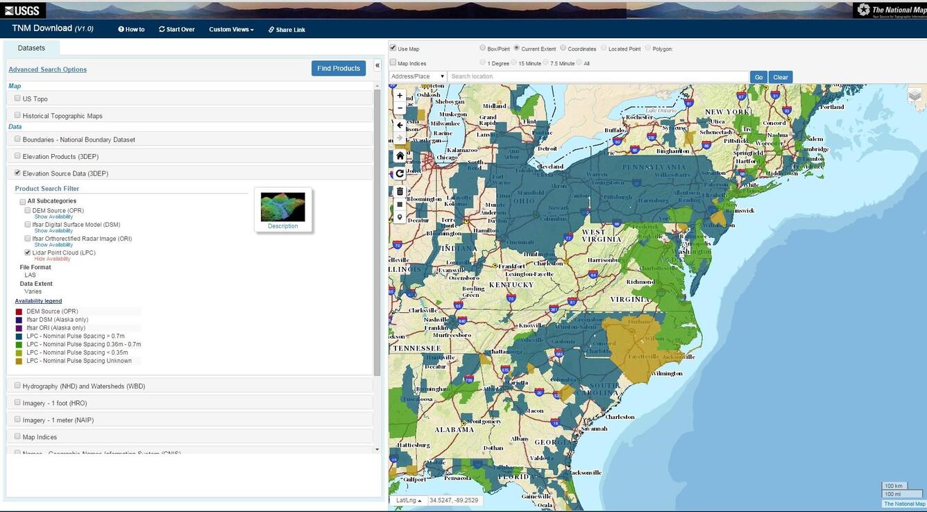 Screenshot of lidar data availability visualization and file downloads 