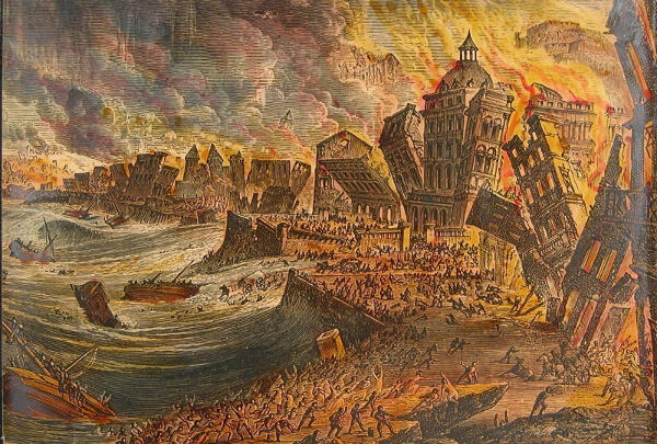 Drawn image of the city falling into the sea because of extreme events.