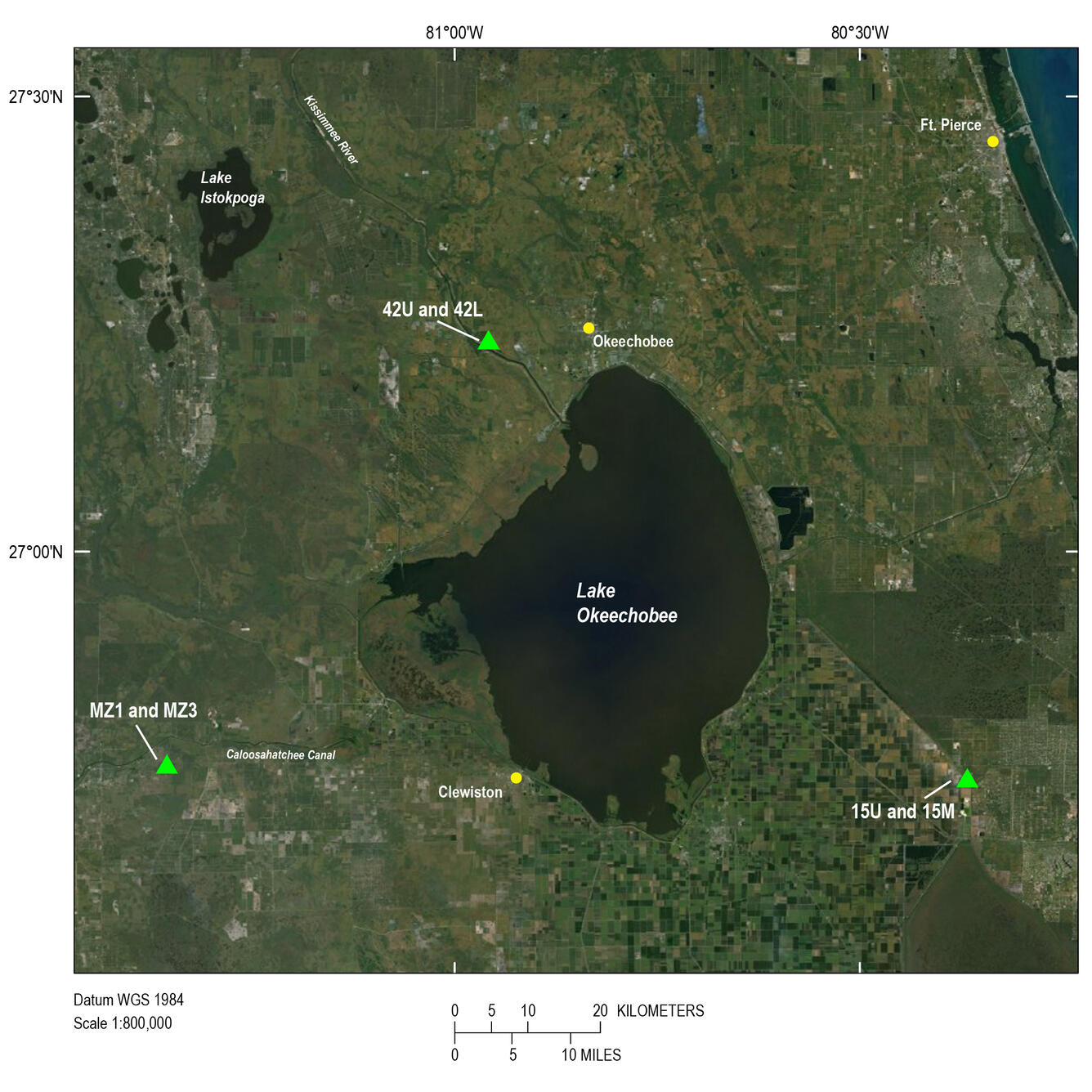 Labeled satellite image map showing Lake Okeechobee, Florida, in the center, surrounded by the sample sites.