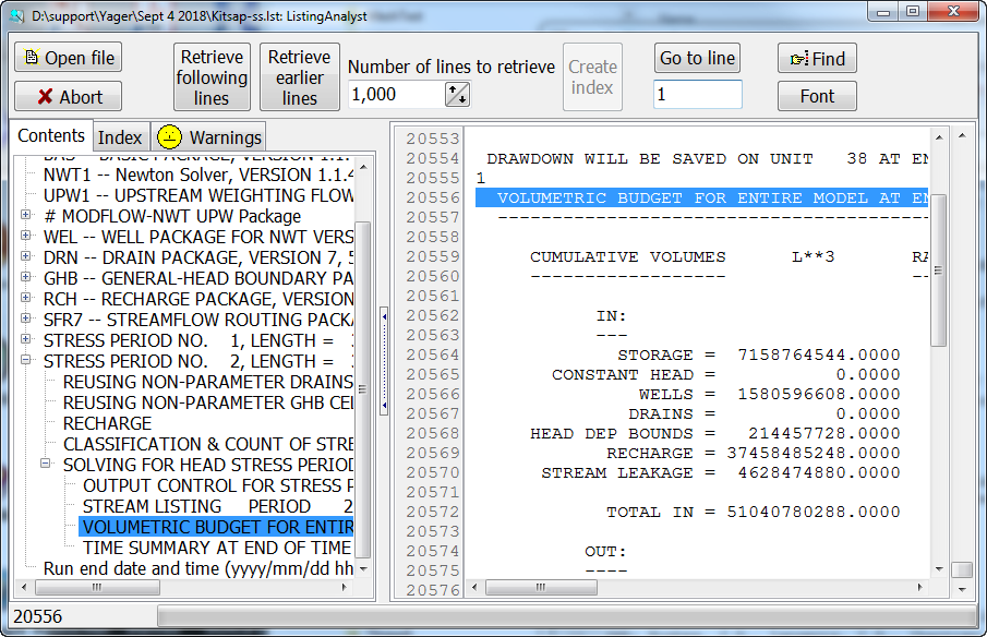 Example of ListingAnalyst navigating a large MODFLOW Listing file.