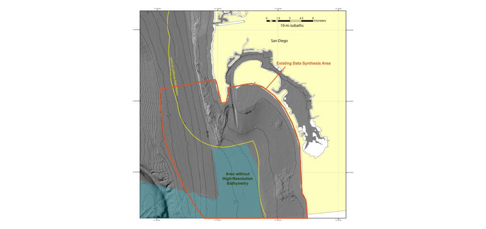 Map of a coastal area showing seafloor features, with the offshore study area circled and area missing data is labeled.