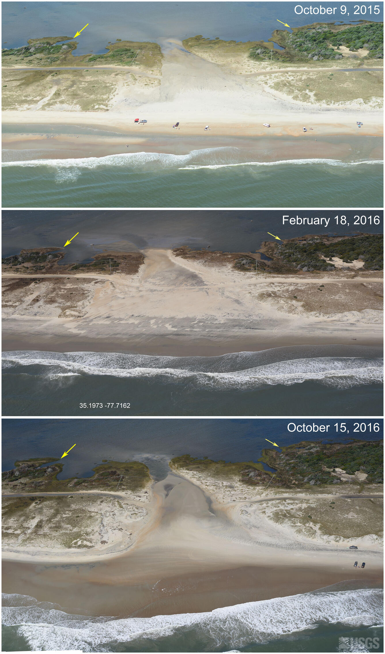 Storm waves and surge breached the low dunes