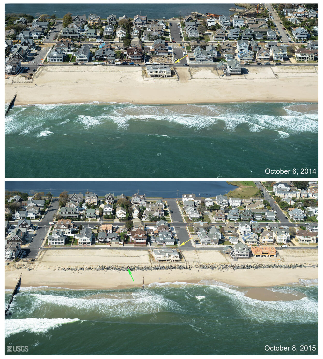 The rip rap seawall has been exposed by waves and high water levels