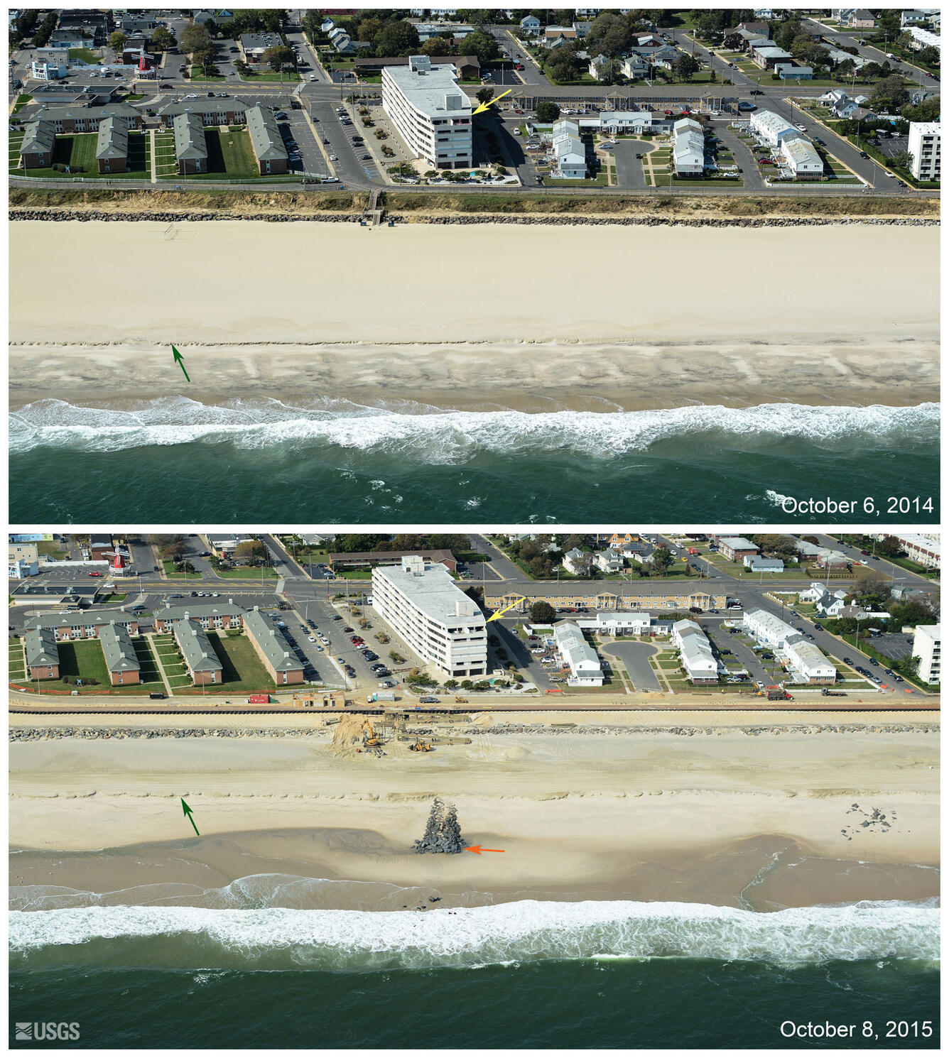 beach scarp is visible in both pre and post-storm images