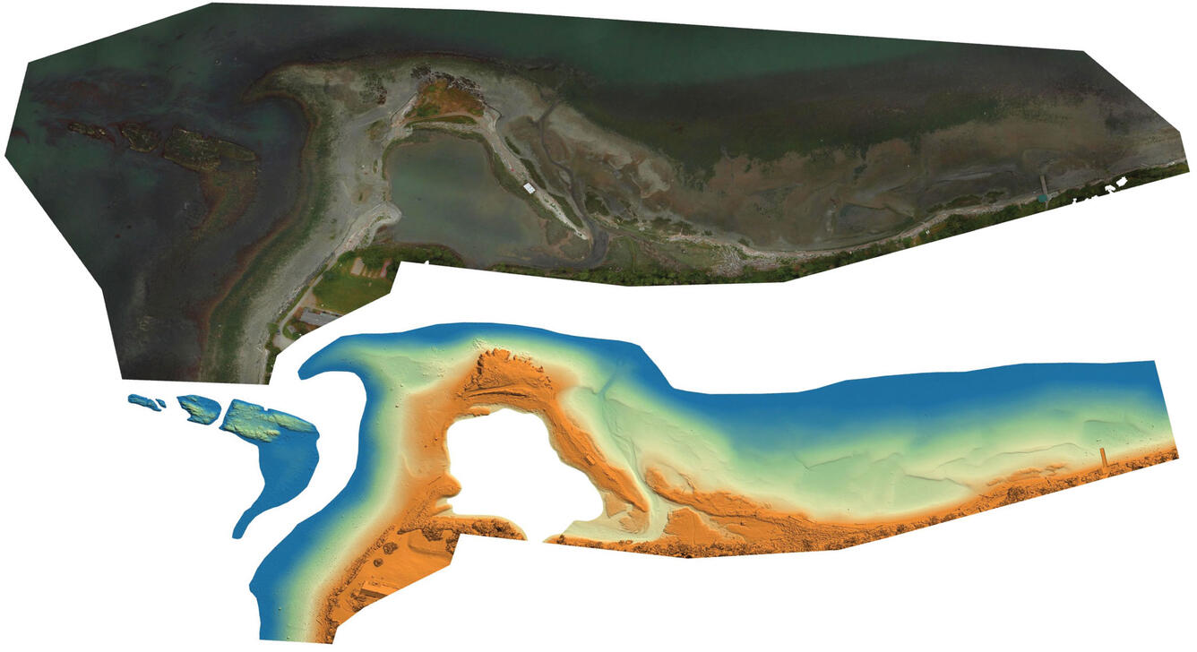 Two graphical representations of a coastal and shallow water area showing features like elevation and morphology.