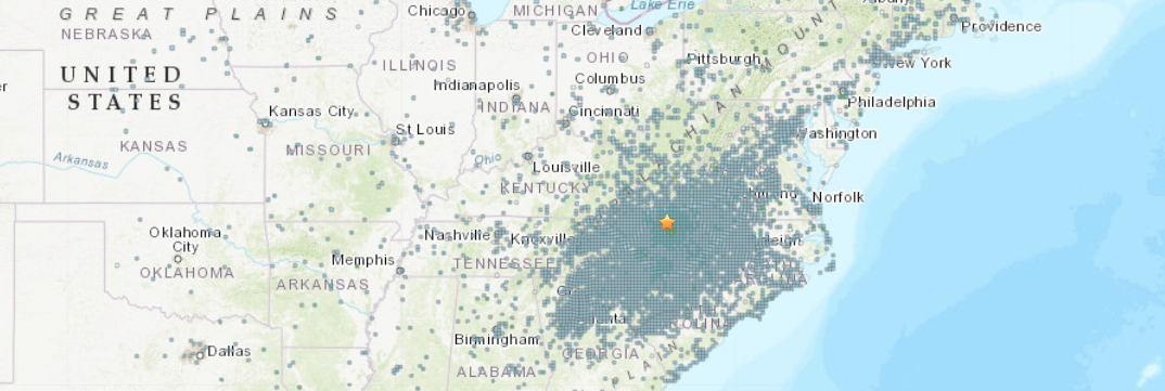 US map slice showing felt shaking data as small squares on map